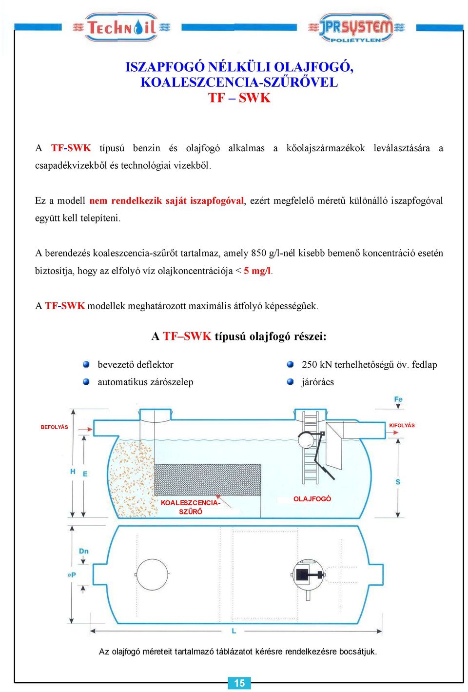 A berendezés koaleszcencia-szűrőt tartalmaz, amely 850 g/l-nél kisebb bemenő koncentráció esetén biztosítja, hogy az elfolyó víz olajkoncentrációja < 5 mg/l.