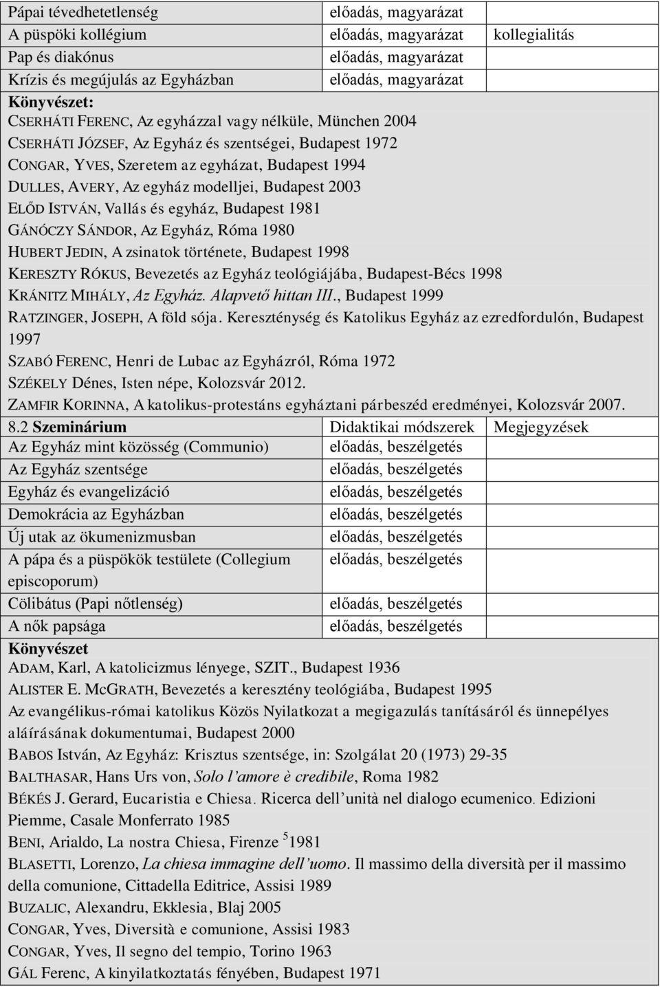 Egyház, Róma 1980 HUBERT JEDIN, A zsinatok története, Budapest 1998 KERESZTY RÓKUS, Bevezetés az Egyház teológiájába, Budapest-Bécs 1998 KRÁNITZ MIHÁLY, Az Egyház. Alapvető hittan III.