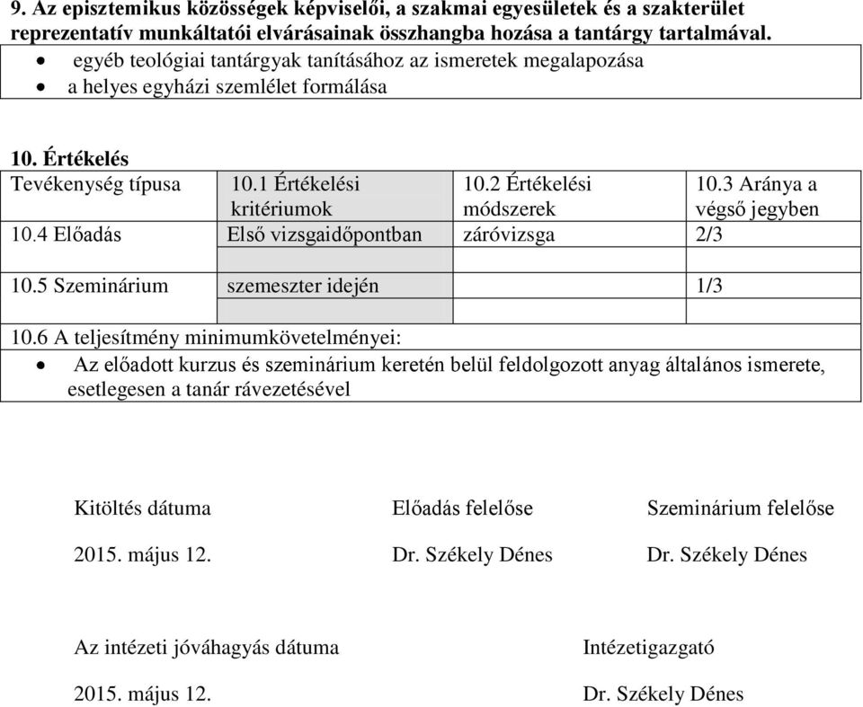 4 Előadás Első vizsgaidőpontban záróvizsga 2/3 10.5 Szeminárium szemeszter idején 1/3 10.3 Aránya a végső jegyben 10.