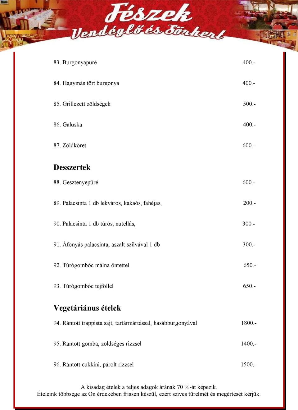 Áfonyás palacsinta, aszalt szilvával 1 db 300.- 92. Túrógombóc málna öntettel 650.- 93. Túrógombóc tejföllel 650.- Vegetáriánus ételek 94.