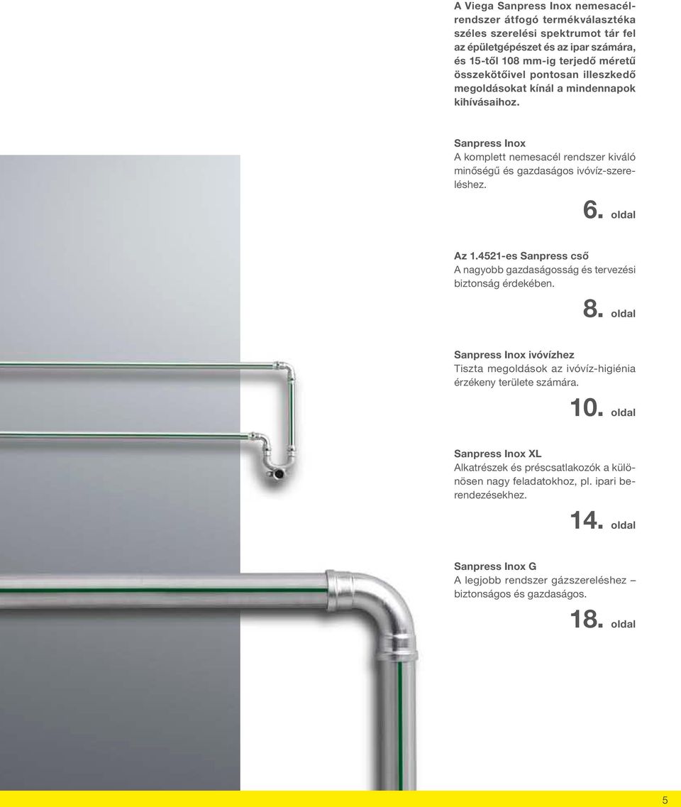 4521-es Sanpress cső A nagyobb gazdaságosság és tervezési biztonság érdekében. 8. oldal Sanpress Inox ivóvízhez Tiszta megoldások az ivóvíz-higiénia érzékeny területe számára. 10.