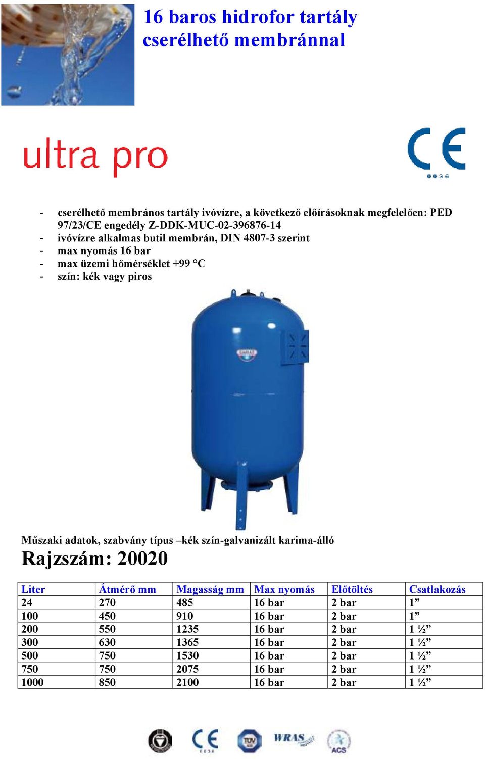 adatok, szabvány típus kék szín-galvanizált karima-álló Rajzszám: 20020 Liter Átmérő mm Magasság mm Max nyomás Előtöltés Csatlakozás 24 270 485 16 bar 2 bar 1