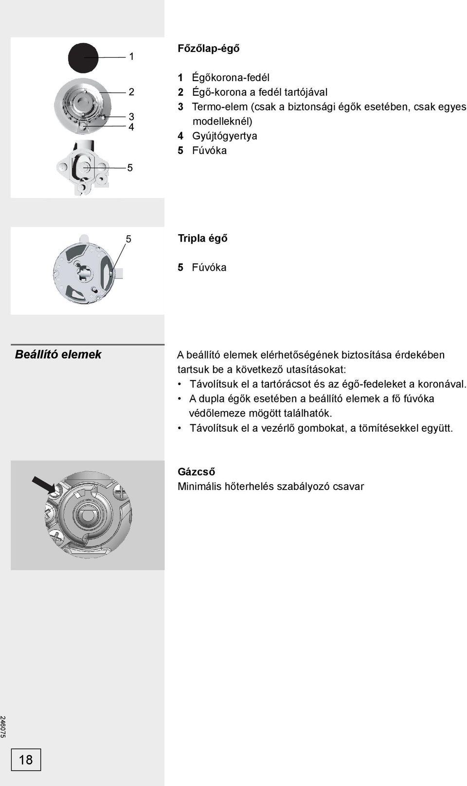 következő utasításokat: Távolítsuk el a tartórácsot és az égő-fedeleket a koronával.