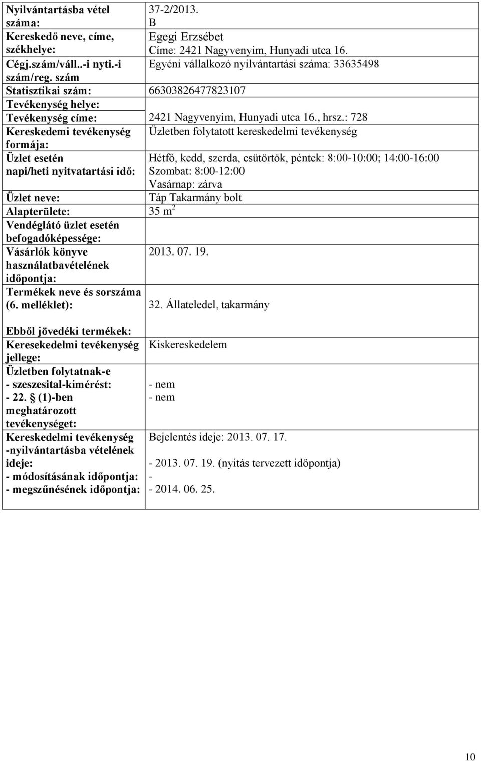 : 728 Kereskedemi tevékenység Üzletben folytatott kereskedelmi tevékenység Hétfő, kedd, szerda, csütörtök, péntek: 8:0010:00; 14:0016:00 Szombat: 8:0012:00 Vasárnap: zárva 35 m 2 Táp