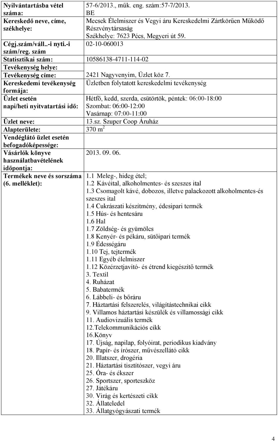 Kereskedemi tevékenység Üzletben folytatott kereskedelmi tevékenység Hétfő, kedd, szerda, csütörtök, péntek: 06:0018:00 Szombat: 06:0012:00 Vasárnap: 07:0011:00 370 m 2 13.sz. Szuper Coop Áruház 2013.