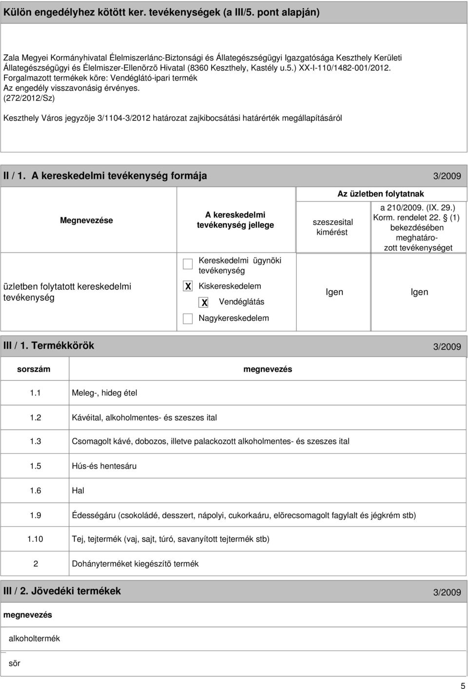 ) -I-110/1482-001/2012. Forgalmazott termékek köre: Vendéglátó-ipari termék Az engedély visszavonásig érvényes.