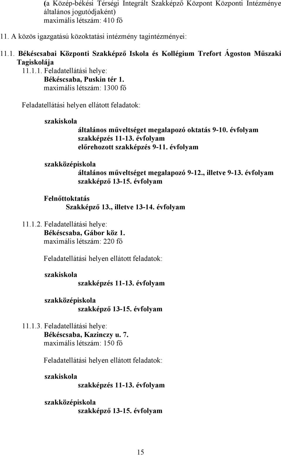 maximális létszám: 1300 fő Feladatellátási helyen ellátott feladatok: szakiskola általános műveltséget megalapozó oktatás 9-10. évfolyam szakképzés 11-13. évfolyam előrehozott szakképzés 9-11.