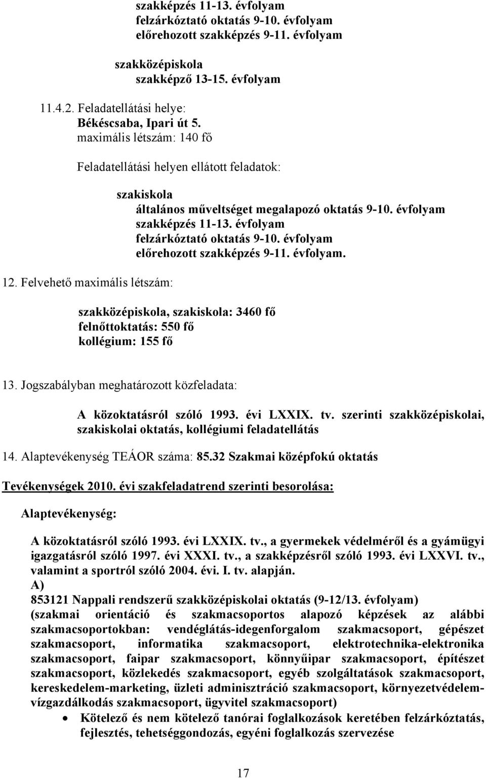 évfolyam felzárkóztató oktatás 9-10. évfolyam előrehozott szakképzés 9-11. évfolyam. szakközépiskola, szakiskola: 3460 fő felnőttoktatás: 550 fő kollégium: 155 fő 13.