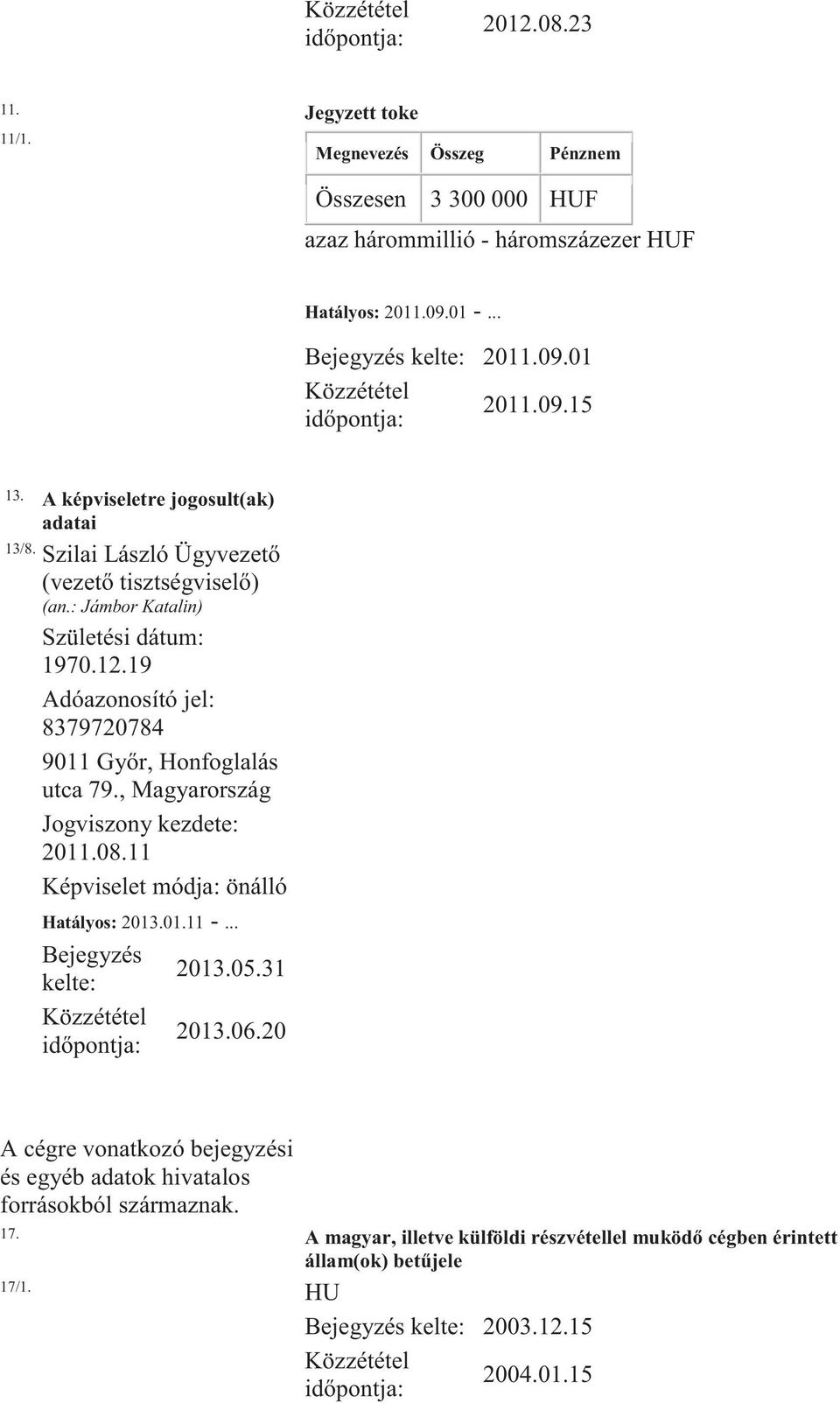 19 Adóazonosító jel: 8379720784 9011 Győr, Honfoglalás utca 79., Magyarország Jogviszony kezdete: 2011.08.11 Képviselet módja: önálló Hatályos: 2013.01.11 -... Bejegyzés kelte: 2013.