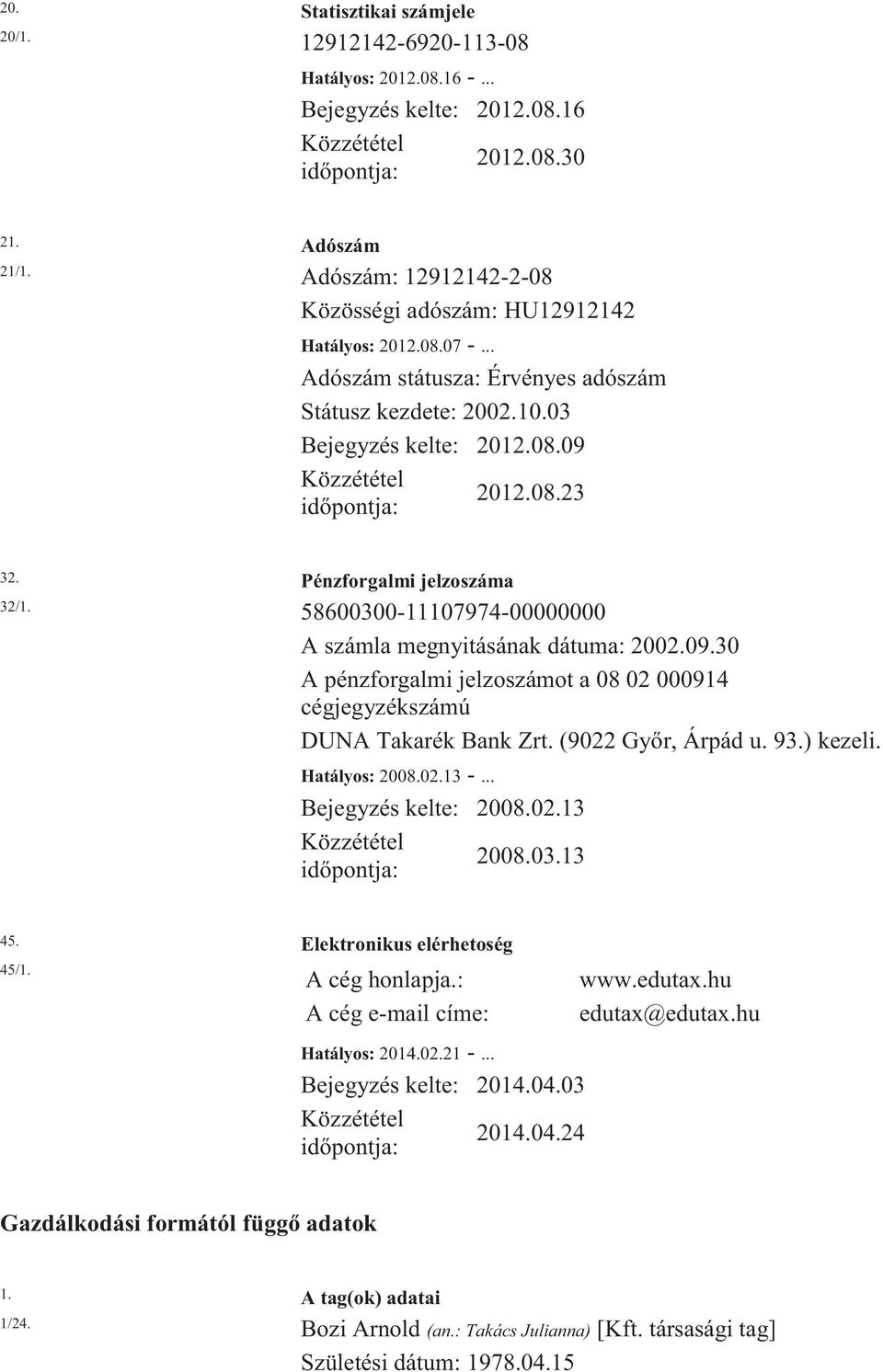 58600300-11107974-00000000 A számla megnyitásának dátuma: 2002.09.30 A pénzforgalmi jelzoszámot a 08 02 000914 cégjegyzékszámú DUNA Takarék Bank Zrt. (9022 Győr, Árpád u. 93.) kezeli. Hatályos: 2008.