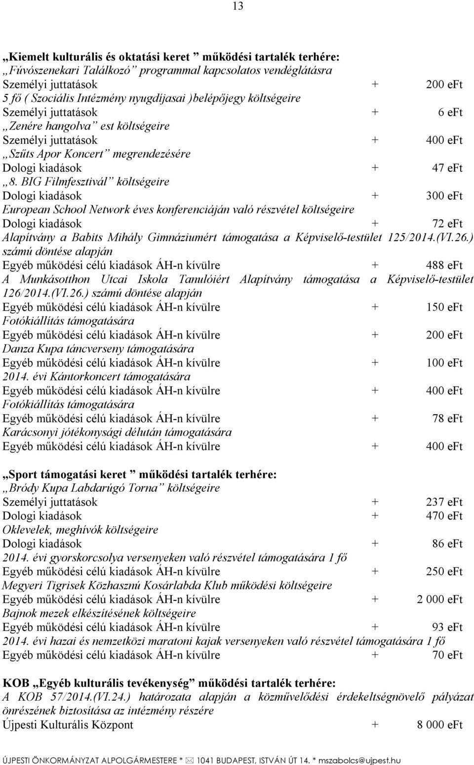 BIG Filmfesztivál költségeire Dologi kiadások + 300 eft European School Network éves konferenciáján való részvétel költségeire Dologi kiadások + 72 eft Alapítvány a Babits Mihály Gimnáziumért