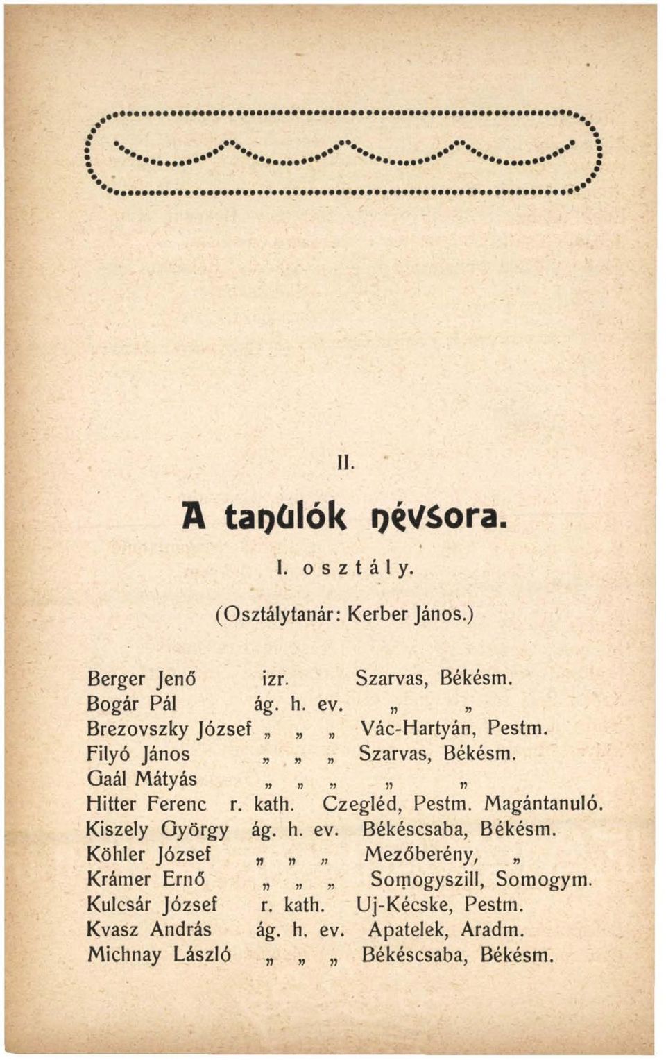 Kiszely György Köhler József Krámer Ernő Kulcsár József Kvasz András Michnay László izr. Szarvas, Békésm. ág. h. ev.