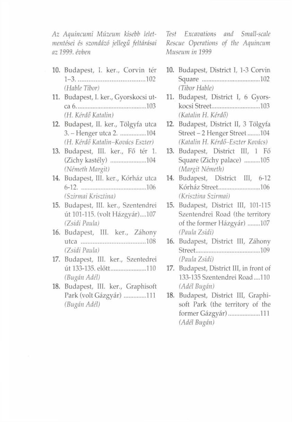 Budapest, III. ker., Fő tér 1. (Zichy kastély) 104 (Németh Margit) 14. Budapest, III. ker., Kórház utca 6-12 106 (Szirmai Krisztina) 15. Budapest, III. ker., Szentendrei út 101-115. (volt Házgyár).