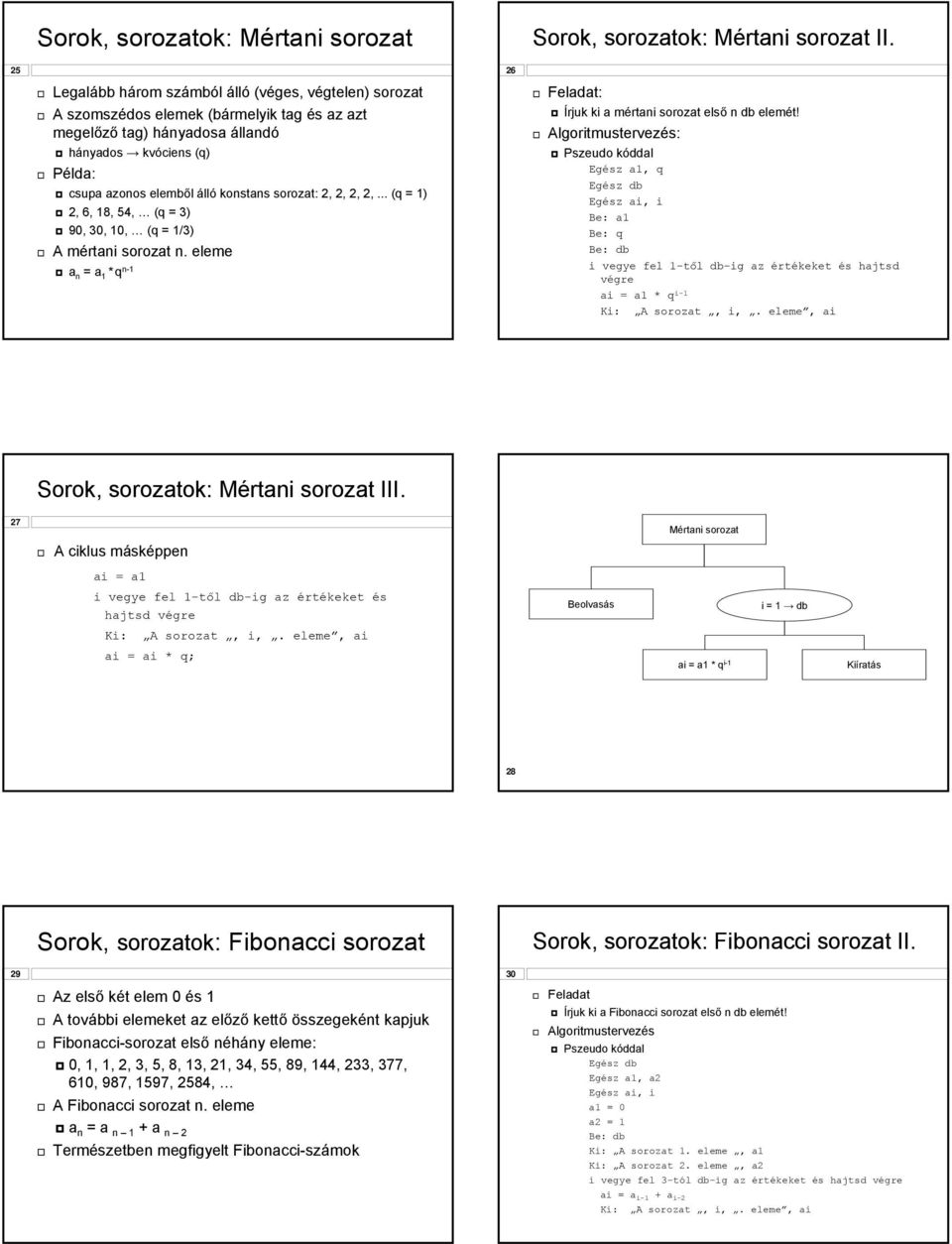 konstans sorozat: 2, 2, 2, 2,... (q = 1) 2, 6, 18, 54, (q = 3) 90, 30, 10, (q = 1/3) A mértani sorozat n. eleme a n = a 1 *q n-1 : Írjuk ki a mértani sorozat első n db elemét!