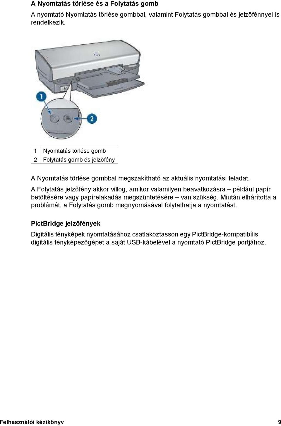 A Folytatás jelzőfény akkor villog, amikor valamilyen beavatkozásra például papír betöltésére vagy papírelakadás megszüntetésére van szükség.