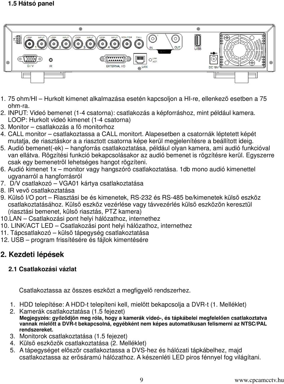 CALL monitor csatlakoztassa a CALL monitort. Alapesetben a csatornák léptetett képét mutatja, de riasztáskor a a riasztott csatorna képe kerül megjelenítésre a beállított ideig. 5.