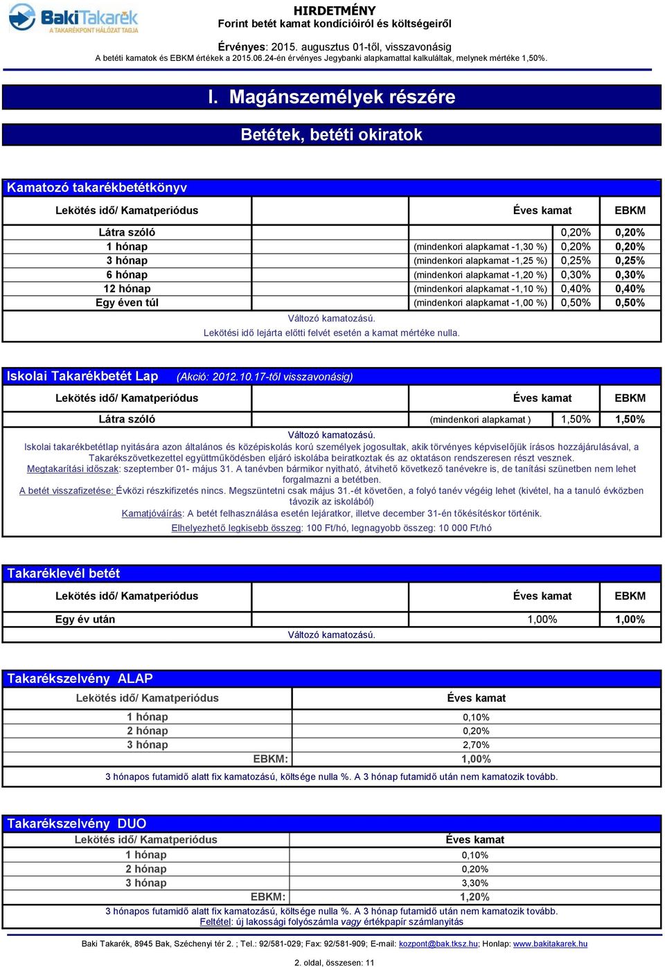 (mindenkori -1,20 %) 0,30% 0,30% 12 hónap (mindenkori -1,10 %) 0,40% 0,40% Egy éven túl (mindenkori -1,00 %) 0,50% 0,50% Változó kamatozású.