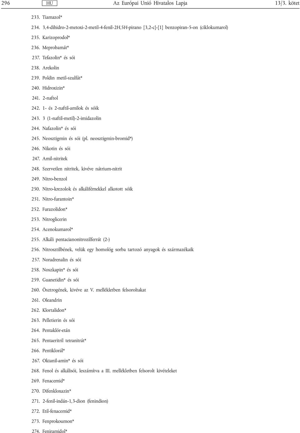 neosztigmin-bromid*) 246. Nikotin és sói 247. Amil-nitritek 248. Szervetlen nitritek, kivéve nátrium-nitrit 249. Nitro-benzol 250. Nitro-krezolok és alkálifémekkel alkotott sóik 251.