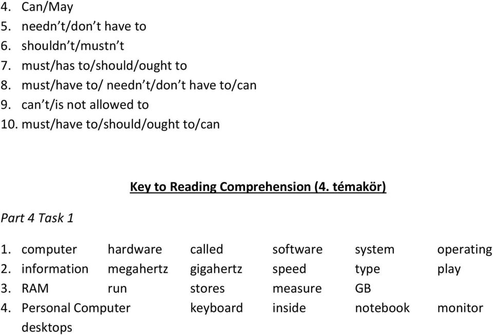 must/have to/should/ought to/can Part 4 Task 1 Key to Reading Comprehension (4. témakör) 1.