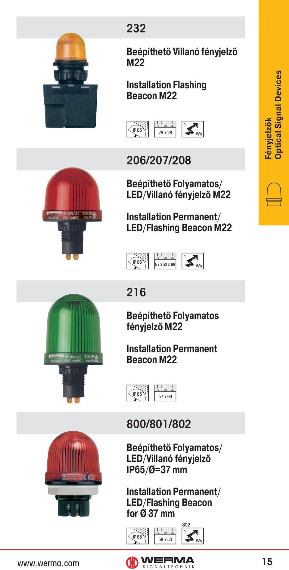 x 53 x 69 1 216 Beépíthető Folyamatos fényjelző M22 Installation Permanent Beacon M22 57 x 69 800/801/802