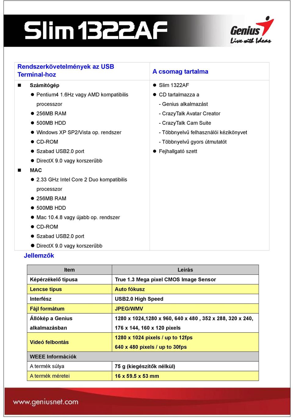 0 vagy korszerűbb Jellemzők A csomag tartalma Slim 1322AF CD tartalmazza a - Genius alkalmazást - CrazyTalk Avatar Creator - CrazyTalk Cam Suite - Többnyelvű felhasználói kézikönyvet - Többnyelvű