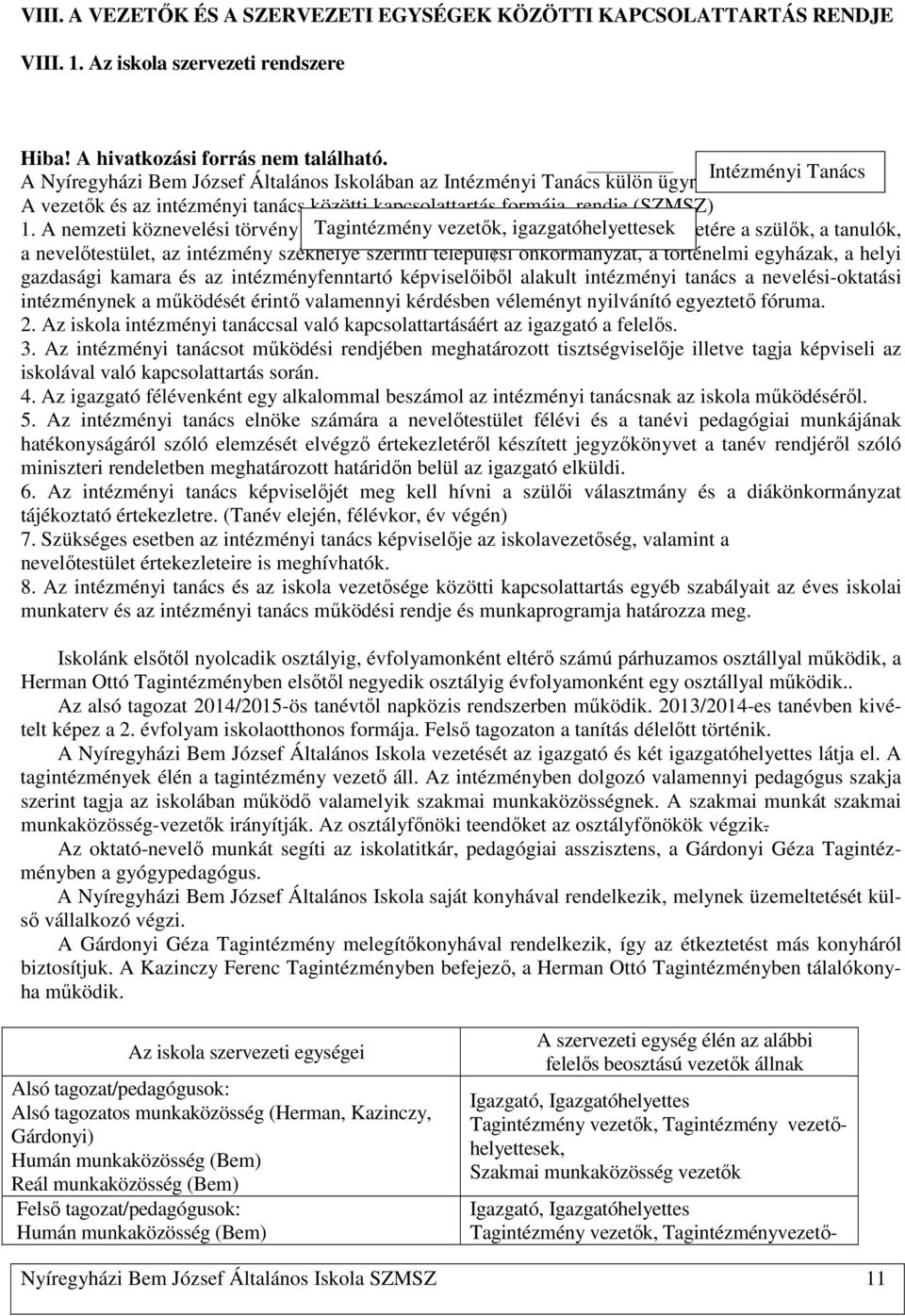 A nemzeti köznevelési törvény alapján Tagintézmény a helyi közösségek vezetők, igazgatóhelyettesek érdekeinek képviseletére a szülők, a tanulók, a nevelőtestület, az intézmény székhelye szerinti