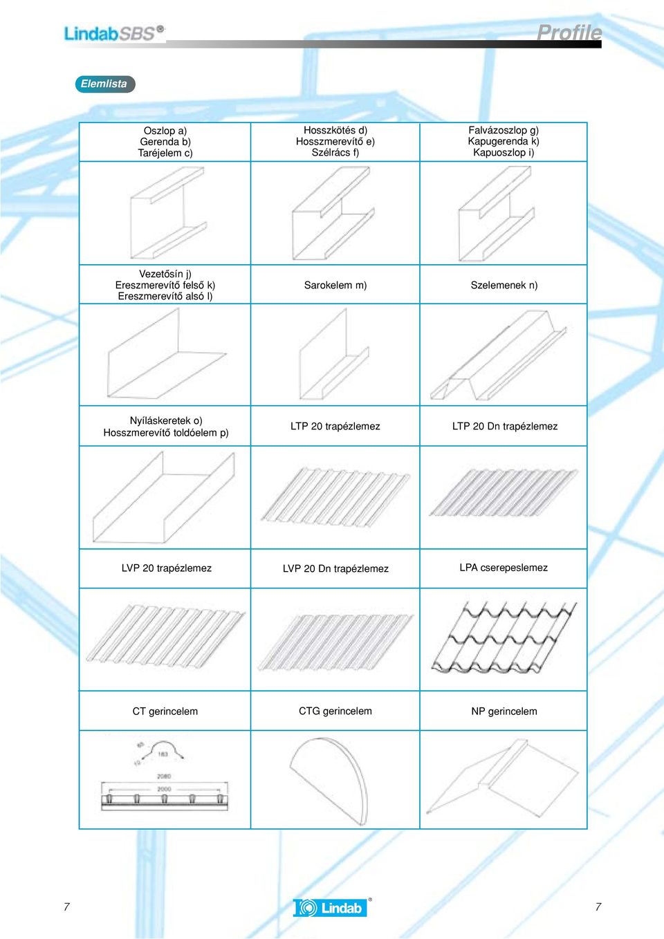 m) Szelemenek n) Nyíláskeretek o) Hosszmerevítô toldóelem p) LTP 20 trapézlemez LTP 20 Dn trapézlemez