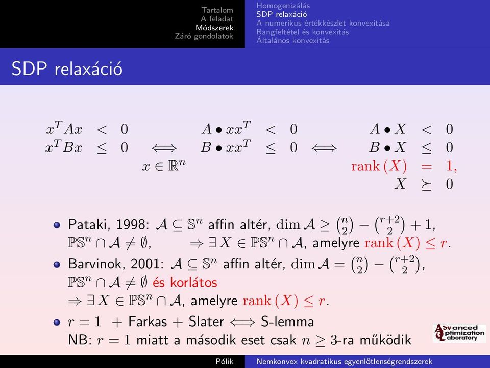 Barvinok, 2001: A S n affin altér, dim A = ( ) ( n 2 r+2 ) 2, PS n A = és korlátos X PS n A,
