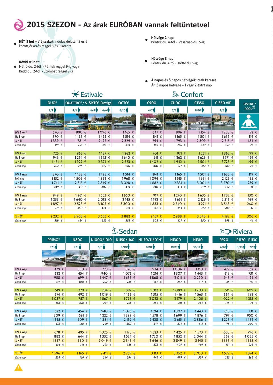 5-ig 4 napos és 5 napos hétvégék: csak kérésre Ár: 3 napos hétvége + 1 vagy 2 extra nap DUO QUARO / IXO Prestige OCO C900 C00 C50 C50 VIP PICINE / POOL (3) 2/4 4/6 6/8 4/6 8/ 4/7 7/9 8/ 4/6 670 890 1