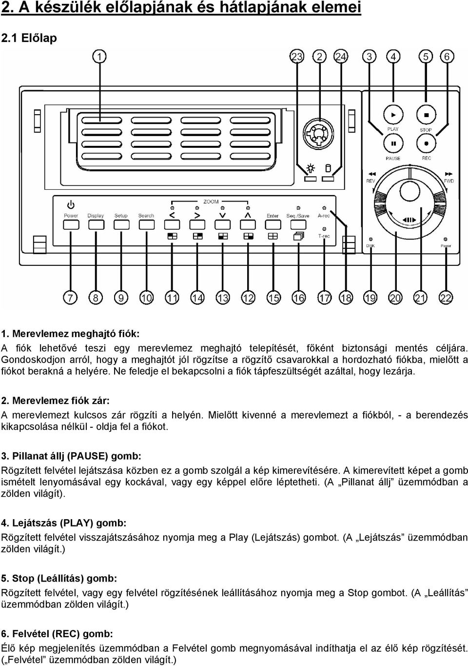 2. Merevlemez fiók zár: A merevlemezt kulcsos zár rögzíti a helyén. Mielőtt kivenné a merevlemezt a fiókból, - a berendezés kikapcsolása nélkül - oldja fel a fiókot. 3.