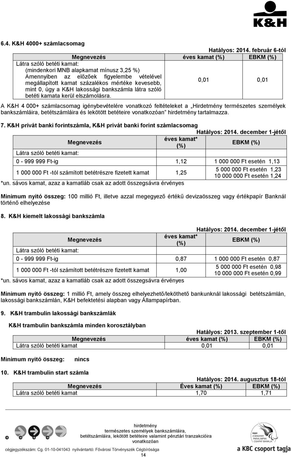 kevesebb, mint 0, úgy a K&H lakossági bankszámla látra szóló betéti kamata kerül elszámolásra.