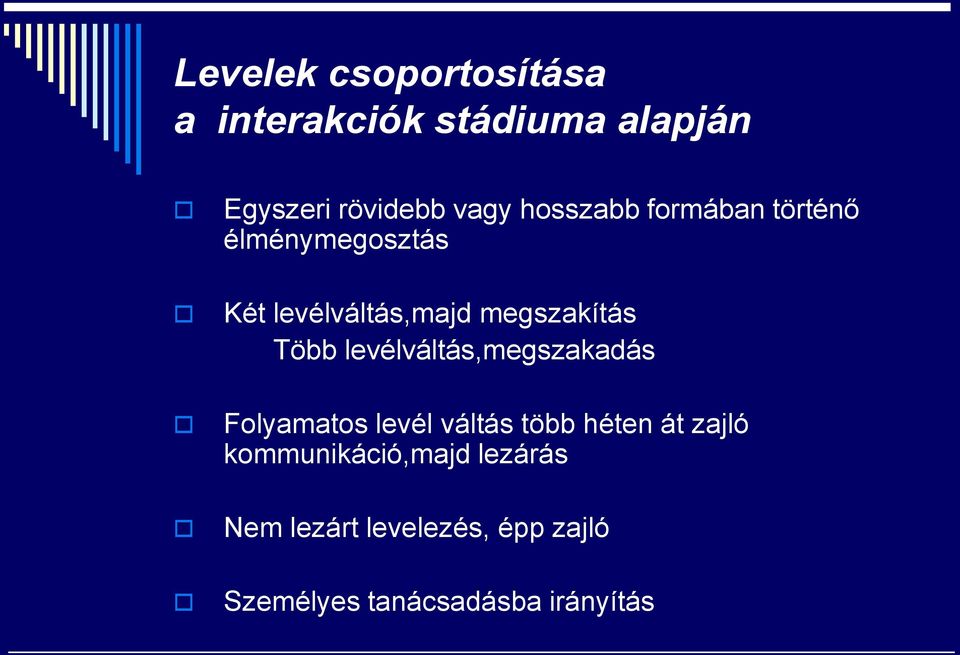 Több levélváltás,megszakadás Folyamatos levél váltás több héten át zajló