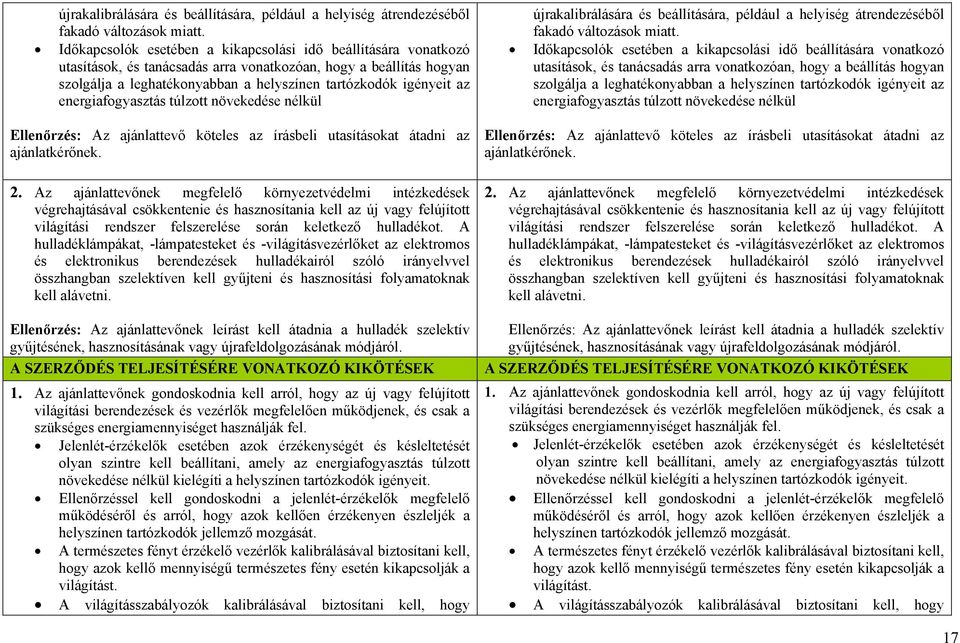 energiafogyasztás túlzott növekedése nélkül Ellenőrzés: Az ajánlattevő köteles az írásbeli utasításokat átadni az ajánlatkérőnek. 2.