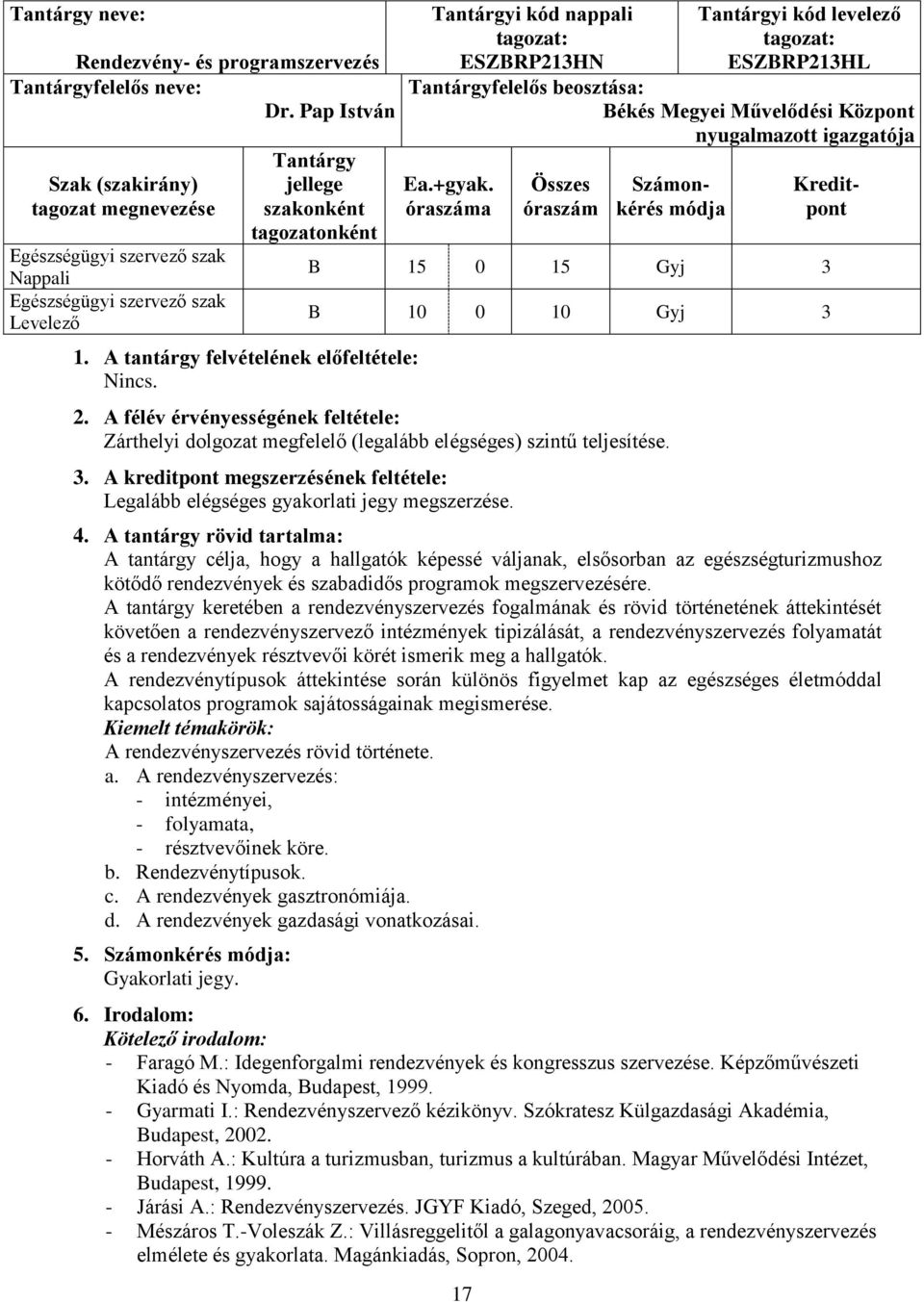 Tantárgyi kód nappali ESZBRP213HN 17 Tantárgyi kód levelező ESZBRP213HL Tantárgyfelelős beosztása: Békés Megyei Művelődési Központ nyugalmazott igazgatója Ea.+gyak.