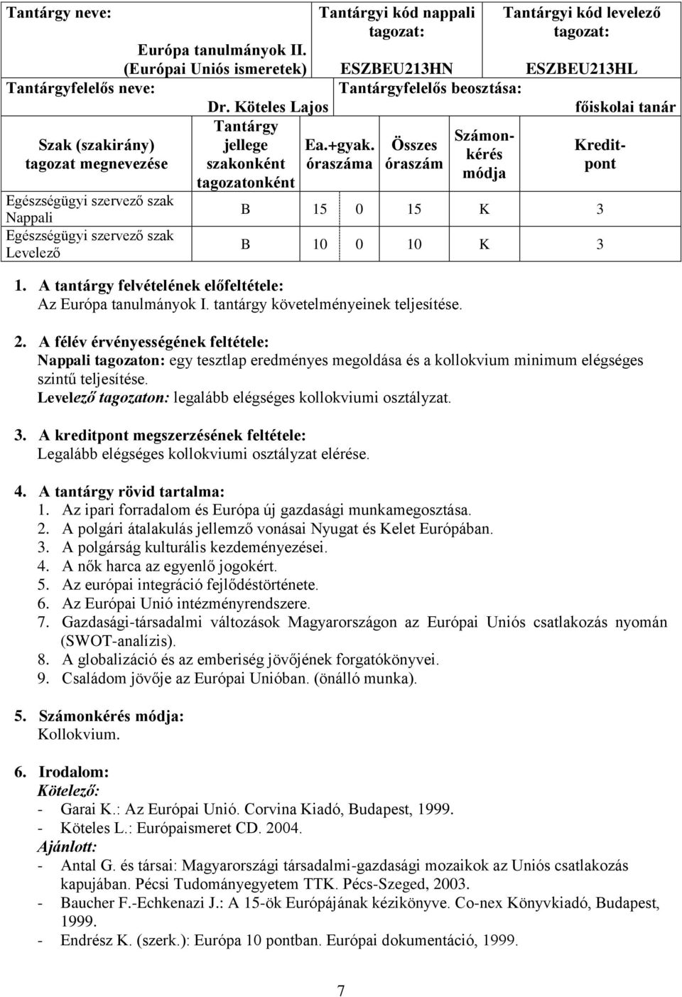 beosztása: főiskolai tanár Ea.+gyak. óraszáma Összes óraszám Számonkérés módja Kreditpont B 15 0 15 K 3 B 10 0 10 K 3 1. A tantárgy felvételének előfeltétele: Az Európa tanulmányok I.