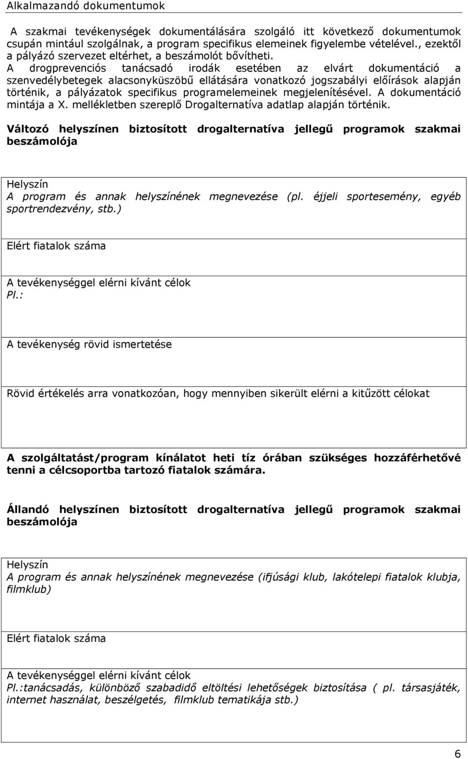 A drogprevenciós tanácsadó irodák esetében az elvárt dokumentáció a szenvedélybetegek alacsonyküszöbű ellátására vonatkozó jogszabályi előírások alapján történik, a pályázatok specifikus