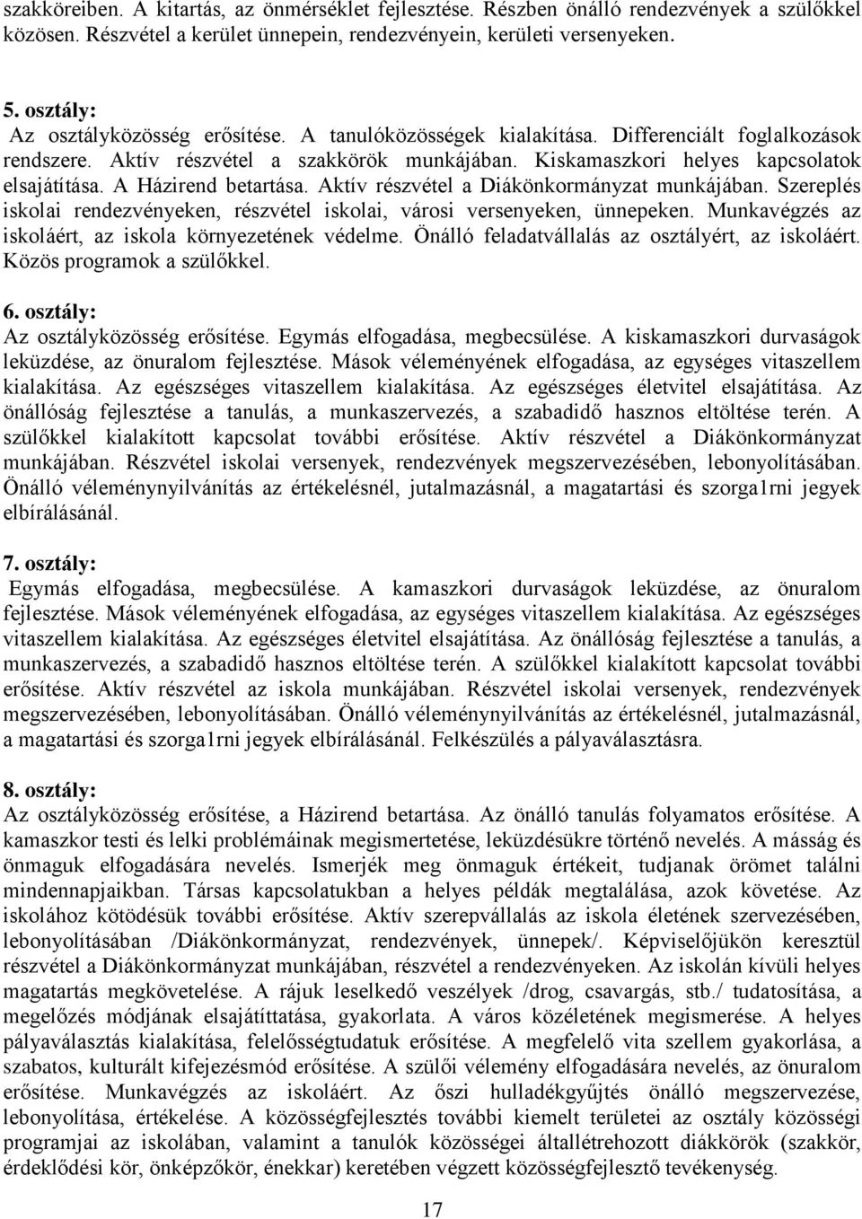 A Házirend betartása. Aktív részvétel a Diákönkormányzat munkájában. Szereplés iskolai rendezvényeken, részvétel iskolai, városi versenyeken, ünnepeken.