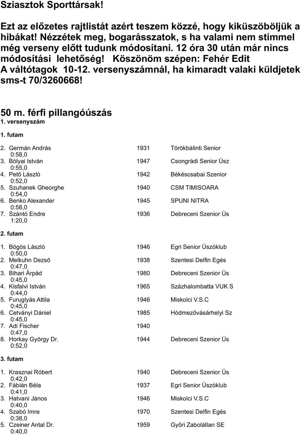 versenyszám 1. futam 2. Germán András 1931 Törökbálinti Senior 0:58,0 3. Bólyai István 1947 Csongrádi Senior Úsz 0:55,0 4. Pető László 1942 Békéscsabai Szenior 0:52,0 5.