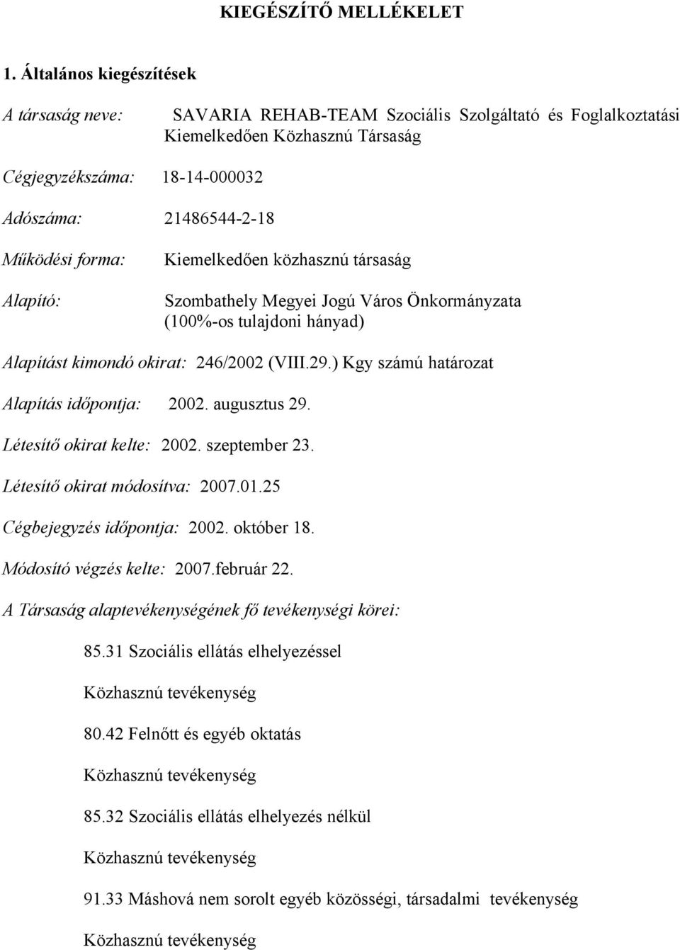 forma: Alapító: Kiemelkedően közhasznú társaság Szombathely Megyei Jogú Város Önkormányzata (100%-os tulajdoni hányad) Alapítást kimondó okirat: 246/2002 (VIII.29.