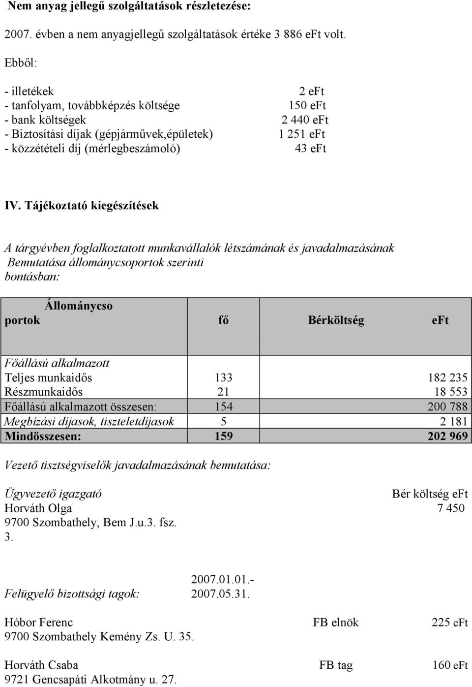 Tájékoztató kiegészítések A tárgyévben foglalkoztatott munkavállalók létszámának és javadalmazásának Bemutatása állománycsoportok szerinti bontásban: Állománycso portok fő Bérköltség eft Főállású