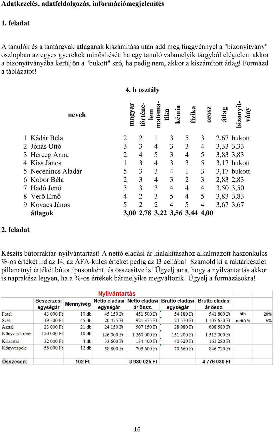 bizonyítványába kerüljön a "bukott" szó, ha pedig nem, akkor a kiszámított átlag! Formázd a táblázatot! 4. b osztály nevek 2.