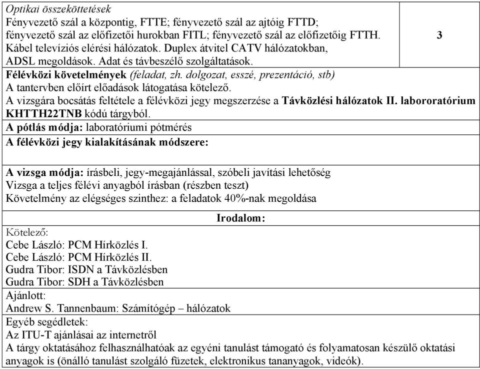 dolgozat, esszé, prezentáció, stb) A tantervben előírt előadások látogatása kötelező. A vizsgára bocsátás feltétele a félévközi jegy megszerzése a Távközlési hálózatok II.