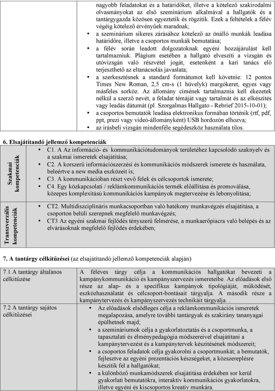 Ezek a feltételek a félév végéig kötelező érvényűek maradnak; a szeminárium sikeres zárásához kötelező az önálló munkák leadása határidőre, illetve a csoportos munkák bemutatása; a félév során