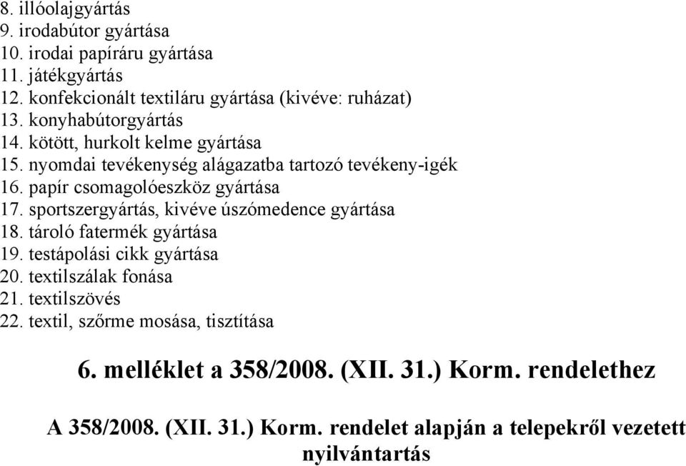 sportszergyártás, kivéve úszómedence gyártása 18. tároló fatermék gyártása 19. testápolási cikk gyártása 20. textilszálak fonása 21. textilszövés 22.