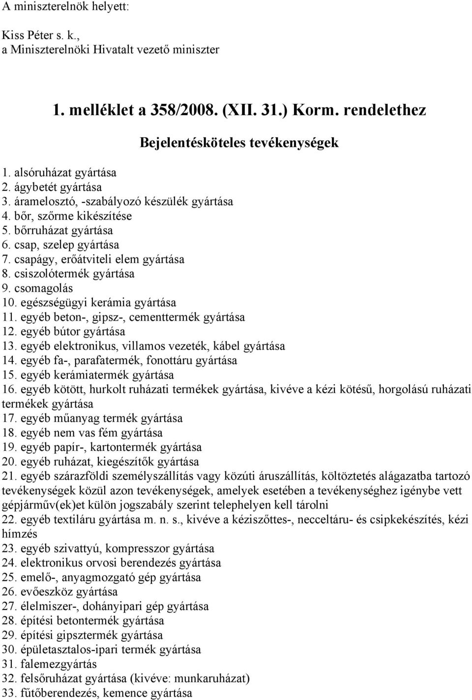 csiszolótermék gyártása 9. csomagolás 10. egészségügyi kerámia gyártása 11. egyéb beton-, gipsz-, cementtermék gyártása 12. egyéb bútor gyártása 13.