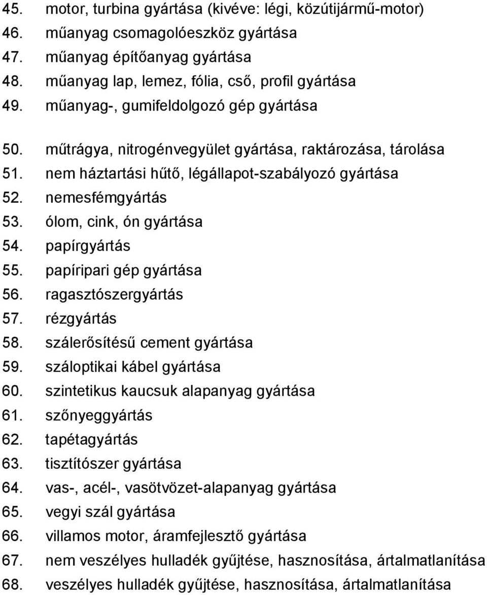 ólom, cink, ón gyártása 54. papírgyártás 55. papíripari gép gyártása 56. ragasztószergyártás 57. rézgyártás 58. szálerősítésű cement gyártása 59. száloptikai kábel gyártása 60.