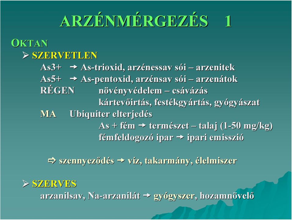 gyászat MA Ubiquiter elterjedés As + fém f természet talaj (1-50 mg/kg) fémfeldogozó ipar ipari emisszió