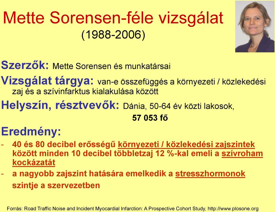 környezeti / közlekedési zajszintek között minden 10 decibel többletzaj 12 %-kal emeli a szívroham kockázatát - a nagyobb zajszint hatására