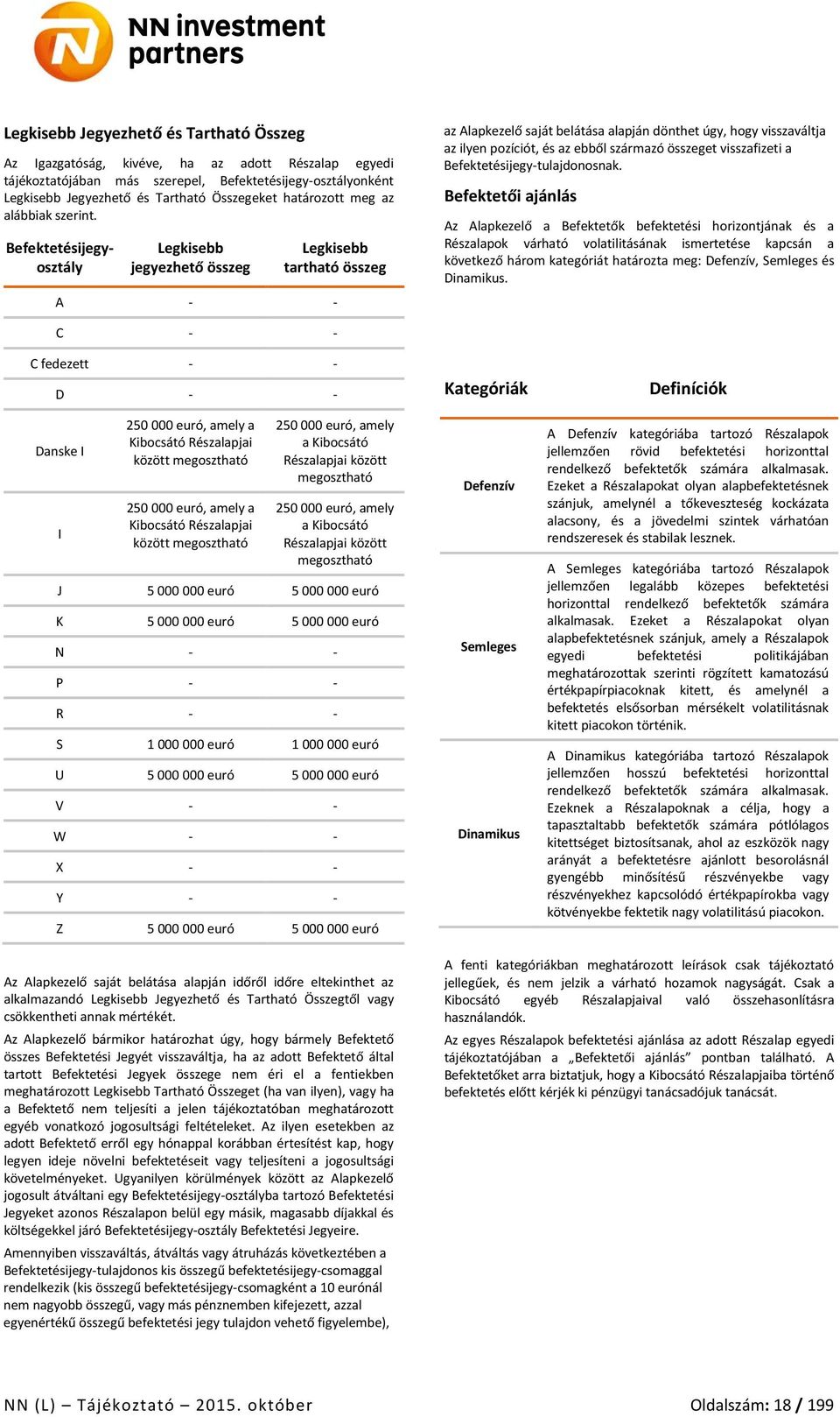 Befektetésijegyosztály Legkisebb jegyezhető összeg Legkisebb tartható összeg A - - az Alapkezelő saját belátása alapján dönthet úgy, hogy visszaváltja az ilyen pozíciót, és az ebből származó összeget