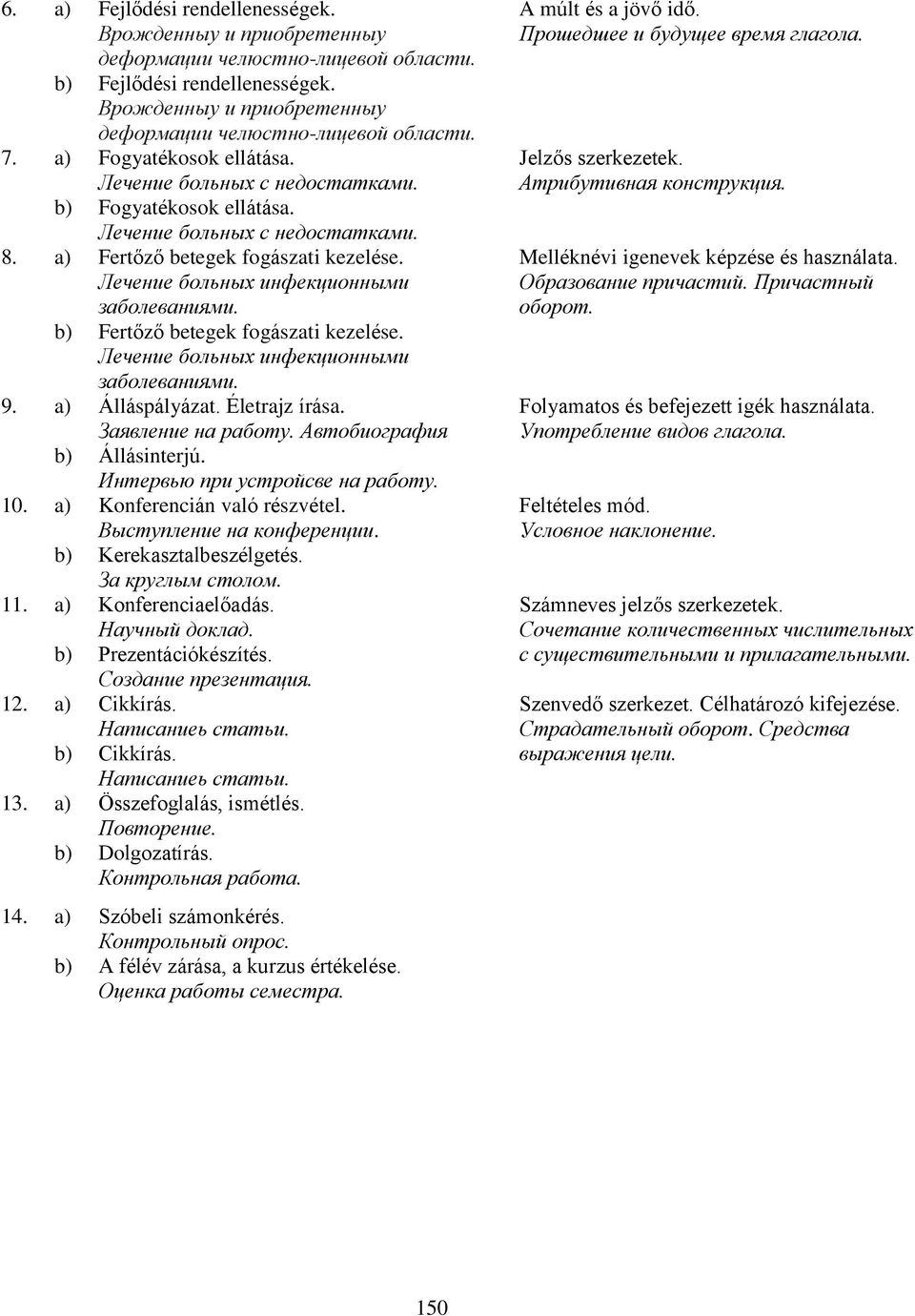 Лечение больных инфекционными заболеваниями. b) Fertőző betegek fogászati kezelése. Лечение больных инфекционными заболеваниями. 9. a) Álláspályázat. Életrajz írása. Заявление на работу.